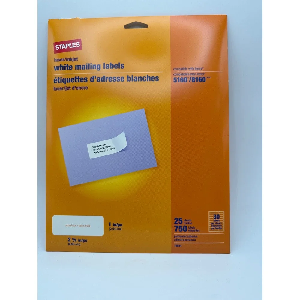 Staples White Mailing Labels Laser Inkjet 18054 1 x 2-5/8 750 Count 5160 8160